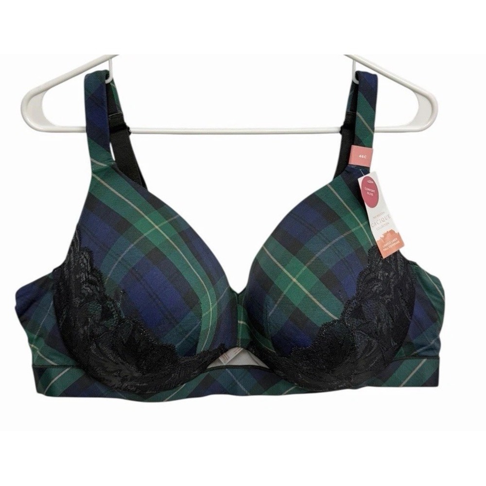 CACIQUE‎ Bra 46C Comfort Bliss Lightly Lined Full Coverage Preppy Plaid Lace NWT